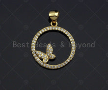 Load image into Gallery viewer, 18k Dainty Gold Butterfly On Round Ring Shape Charms, Dainty Charms, Gold Pendant, Round Ring Necklace Charms, 18x20mm, Sku#LK174