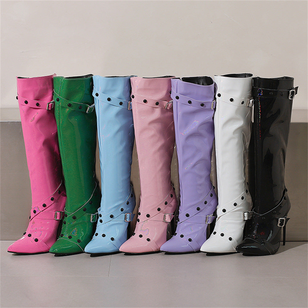 Women's Stiletto Heel Rivet Long Boots - Pointed Toe High Shaft Side Zipper Boots