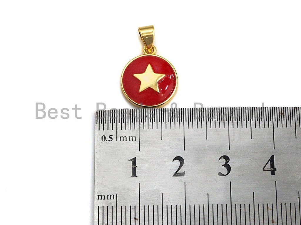 Gold Five Point Star On Colorful Enamel Round Coin Pendant, 18K Gold Filled Enamel Charm, Necklace Bracelet Pendant Charm,13x16mm,Sku#F1039