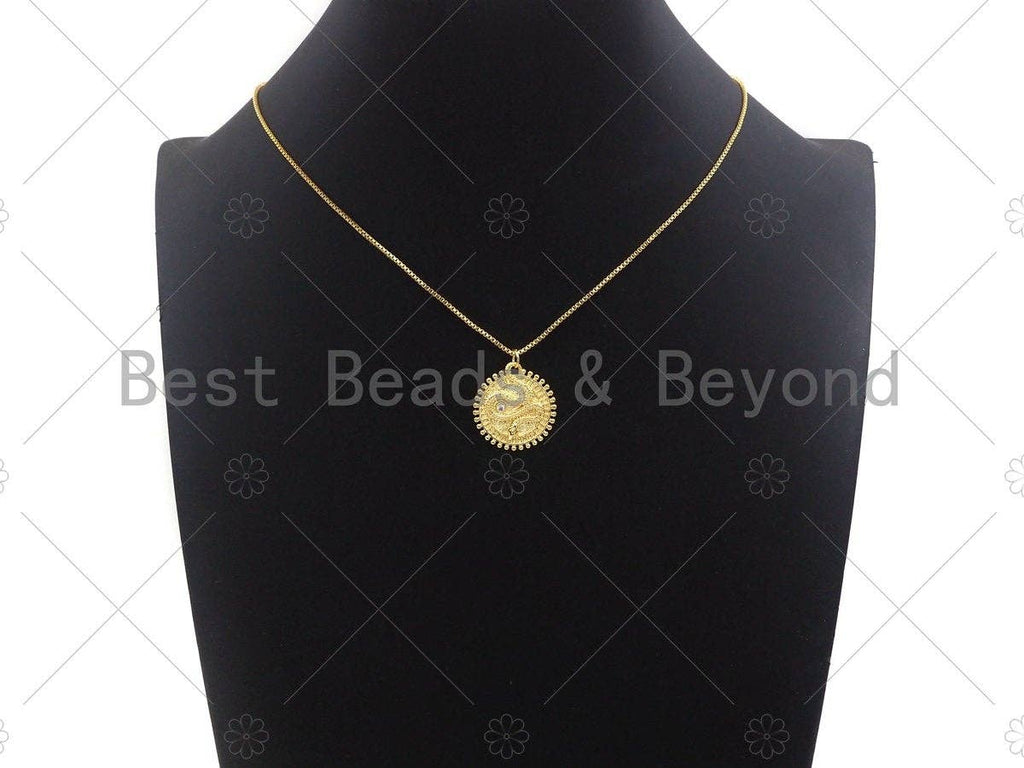 CZ Micro Pave Embossment Snake On Round Coin Charm/Pendant,Emblem Shape Charm, Snake Pave Pendant, Gold plated charm, Sku#LK129