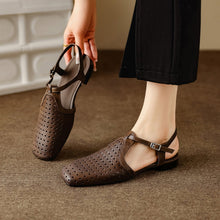 Load image into Gallery viewer, Women's Perforated Leather Slingback Sandals | T-Strap Closed-Toe Flat Shoes