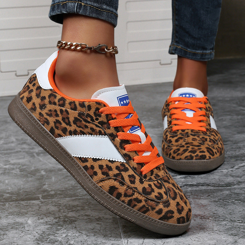 Women's Leopard Print Casual Sneakers - Mid-Cut Lace-Up Flat Shoes with Rubber Sole