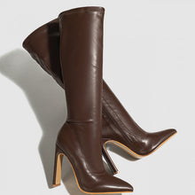 Load image into Gallery viewer, Pointed Toe Satin Mid-Calf Knight Boots with Side Zipper | Chunky Heel | Black &amp; Brown