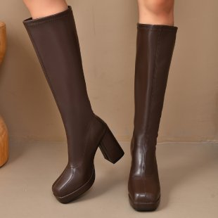 Women's Chunky Heel Stretch Boots – Thick Sole, High Shaft | Brown & Black