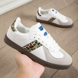 Women's Leopard Print Lace-Up Casual Sneakers | Color-Block Low-Top Flat Shoes