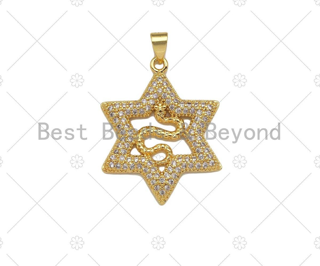 CZ Micro Pave Snake On Star Shape Pendant/Charm,Cubic Zirconia Gold Charm, Necklace Bracelet Charm Pendant,26x30mm, Sku#LD33