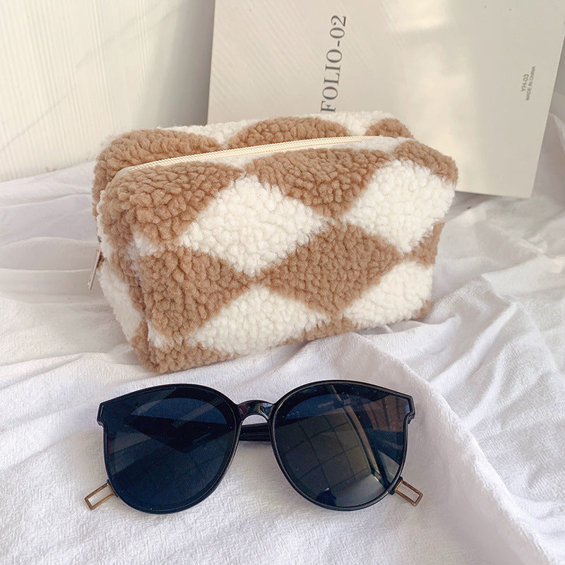 Plaid Plush Crossbody Bag | Large Capacity Makeup & Storage Organizer | Korean Style