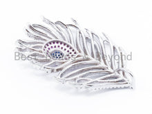 Load image into Gallery viewer, CZ Micro Pave Peacock Feather Pendant/Charm with Fuchsia Eye, Cubic Zirconia Pendant,28x46mm,1pc, sku#F98