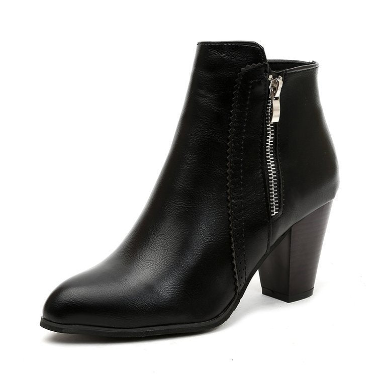 Women's Retro Chunky Heel Ankle Boots – Side Zip Pointed Toe Block Heel