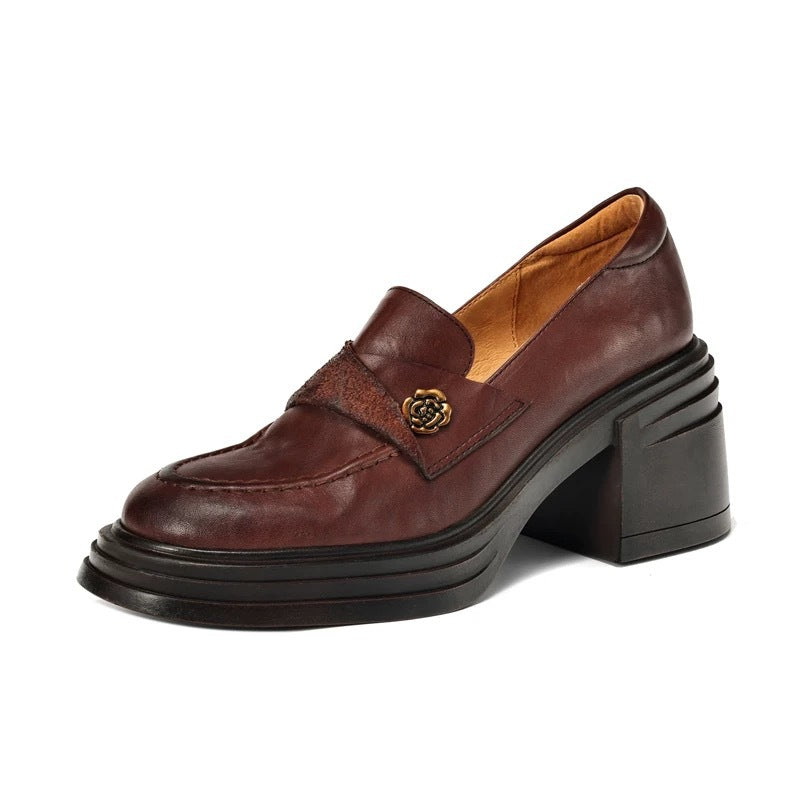 Vintage Chunky-Heeled Leather Shoes for Women - Round Toe Slip-On Dress Shoes