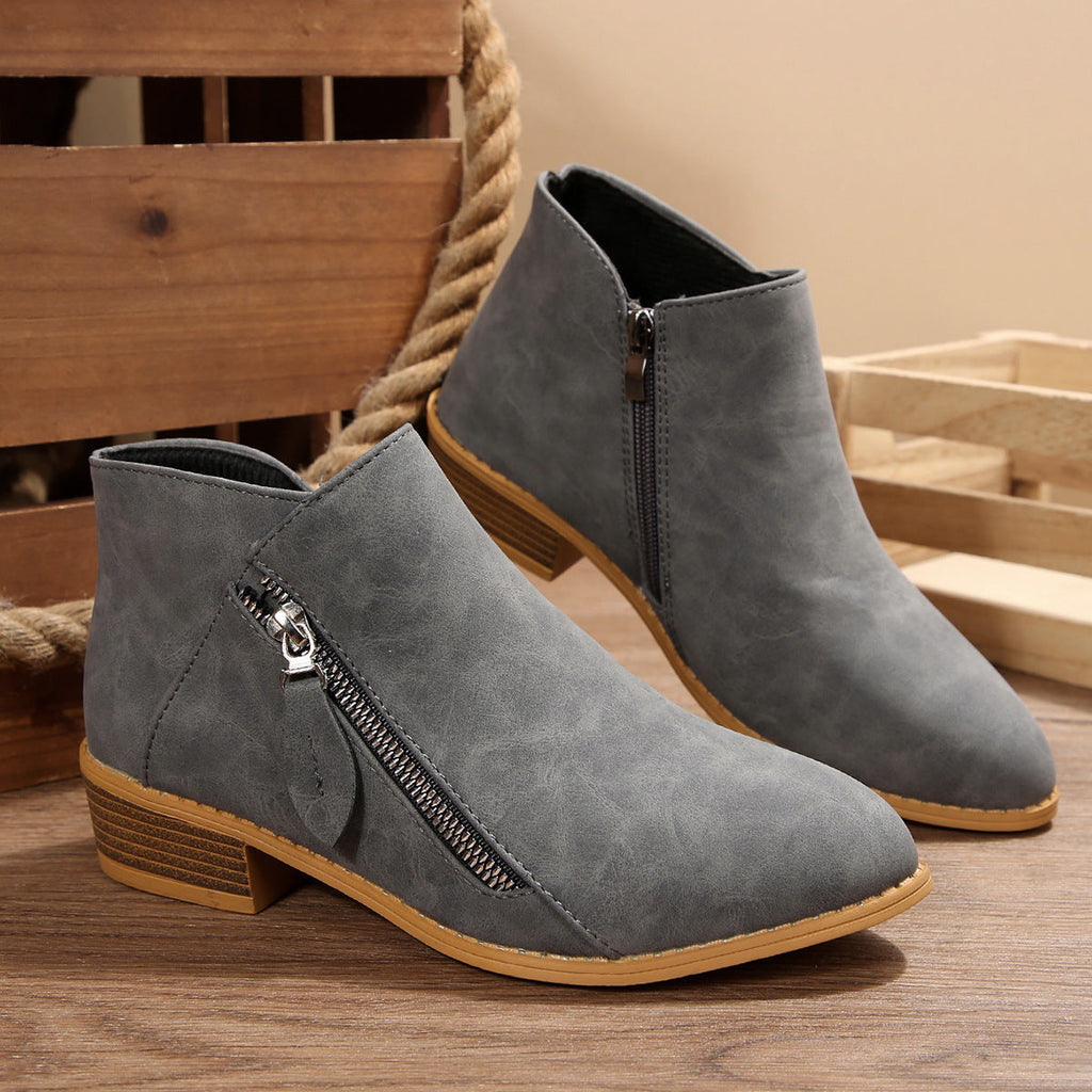 Women's Chunky Heel Pointed-Toe Ankle Boots – Side Zipper, PU Leather, Multi-Color