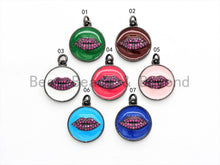 Load image into Gallery viewer, NEW Colorful Oil Dropped Round Charm with  Fuchsia Lip, Enamel Gunmetal Pendant Charms, Enamel Oil Drop CZ Charm, Lip Charm,17x20mm,sku#F563