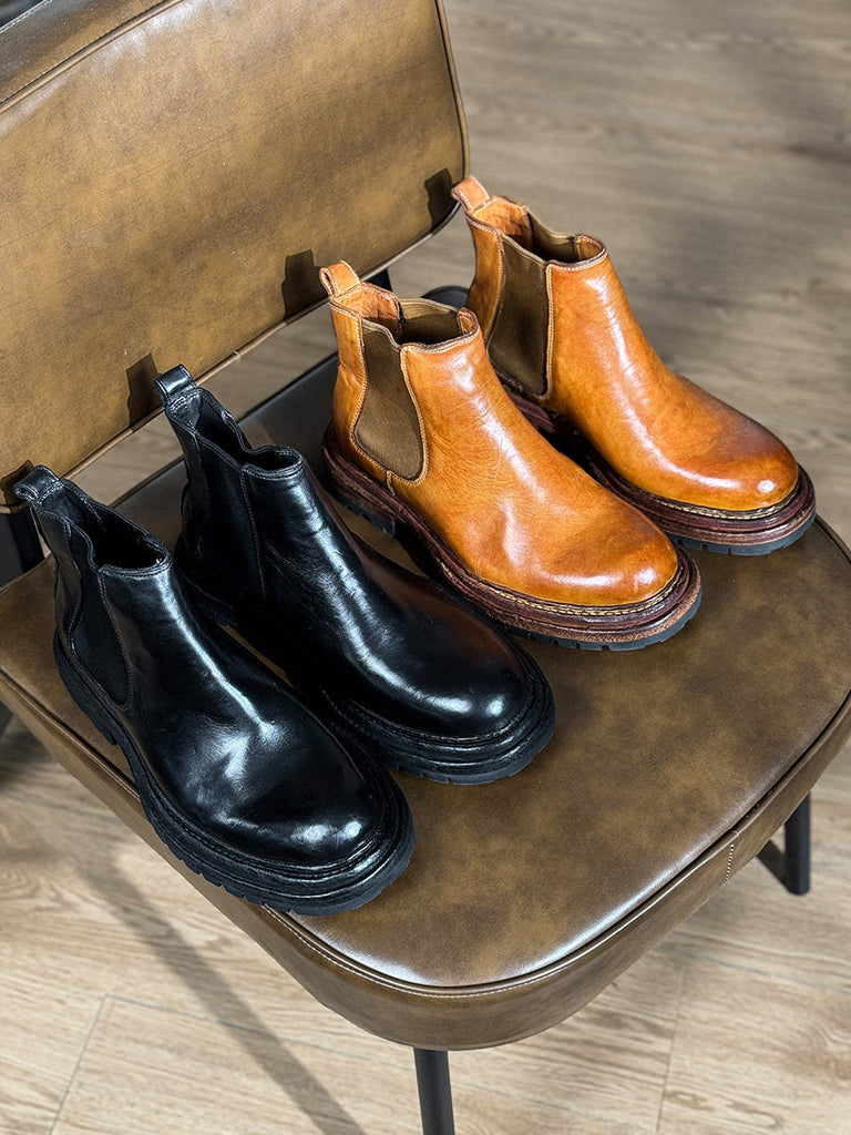 Men's Vintage Carved Leather Boots | Thick Sole Height-Increasing Dr. Martens Style