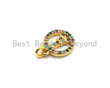 Load image into Gallery viewer, CZ Colorful Micro Pave Round With Eiffel Tower Pendant, Hollow out Round Shaped Pave Pendant, Gold plated, 10x12mm, Sku#F722