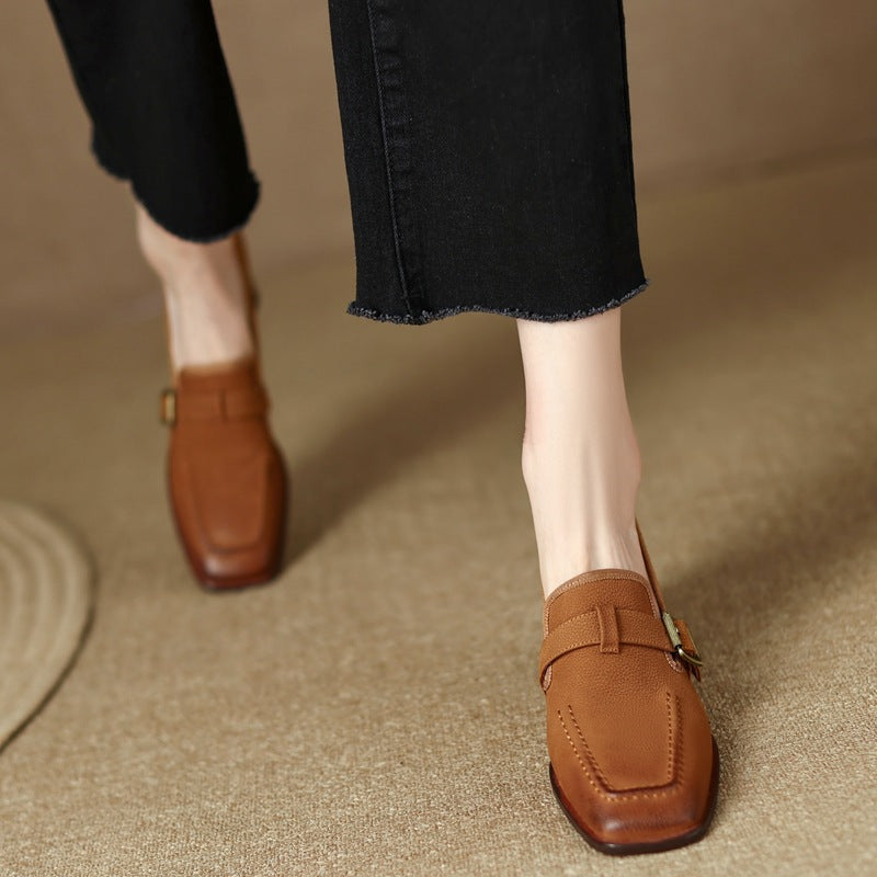Women's Retro Chunky Heel Leather Shoes | British Style Round Toe Mid Heel Wool Leather Flats