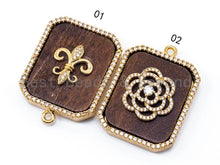 Load image into Gallery viewer, CZ Micro Pave Flowers on Wood Emerald Cut Square Pendant, 29x39mm,sku#B51
