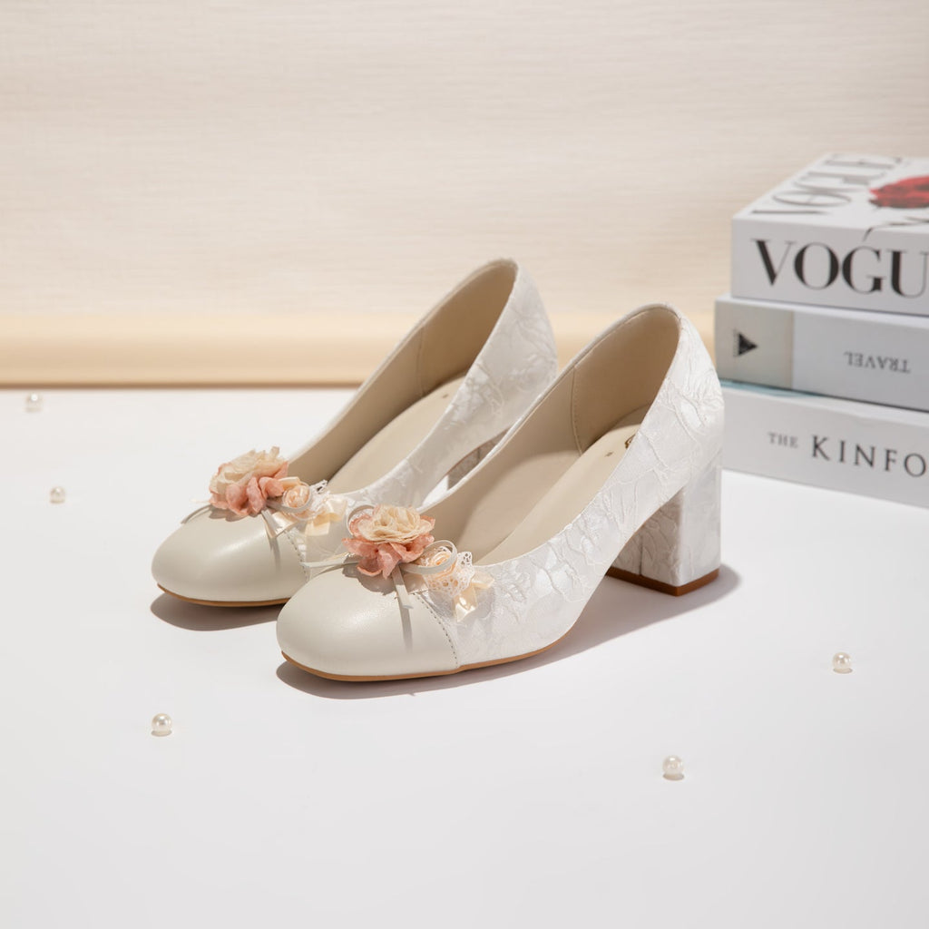 Women's Floral Block Heel Pumps | Square Toe Jacquard Dress Shoes
