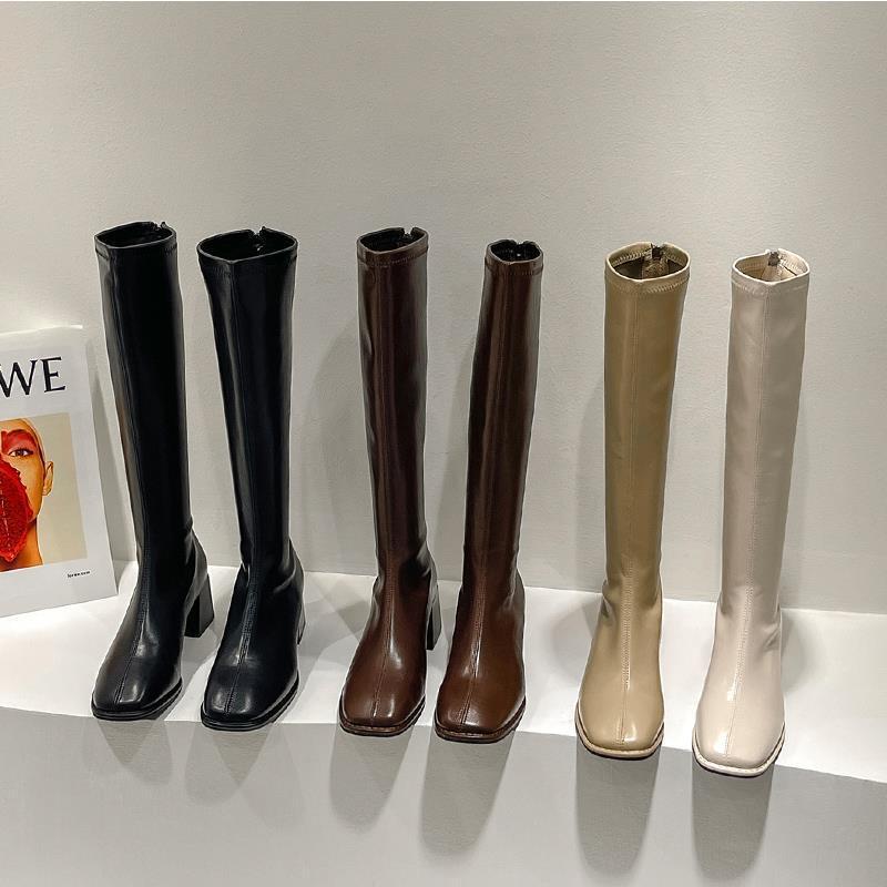 Women's Over-The-Knee Slim High Boots | Chunky Heel PU Leather | Black Brown Beige Khaki