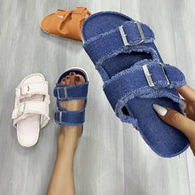 Load image into Gallery viewer, Women's Outdoor Belt-Buckle Flat Slide Sandals – Casual Denim Beach Sandals