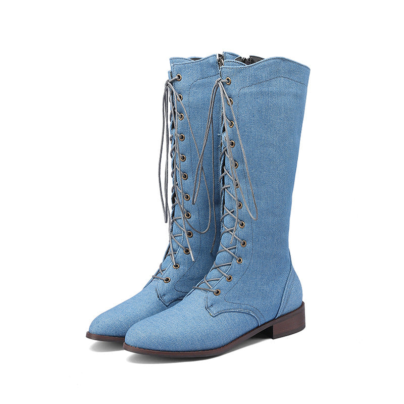 Women's Denim Mid-Calf Rider Boots | Square Heel Side Zip Fashion Boots