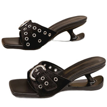 Load image into Gallery viewer, Women's Square Toe High Heel Sandals | Fabric Strappy Heels in Black, Leopard &amp; Red