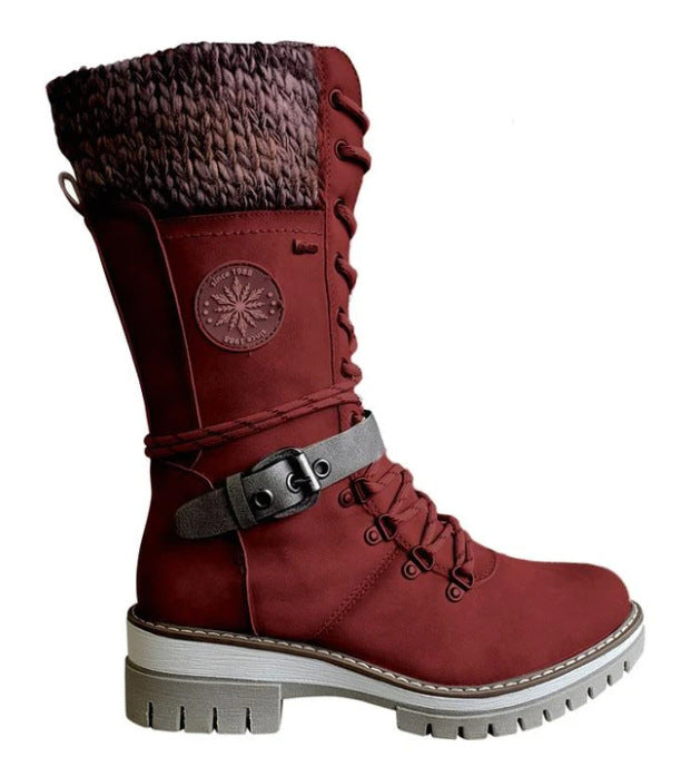 Women's Round-Toe Square-Heel Buckle Boots | Knit-Mesh Dr Martens-Style Ankle Boots