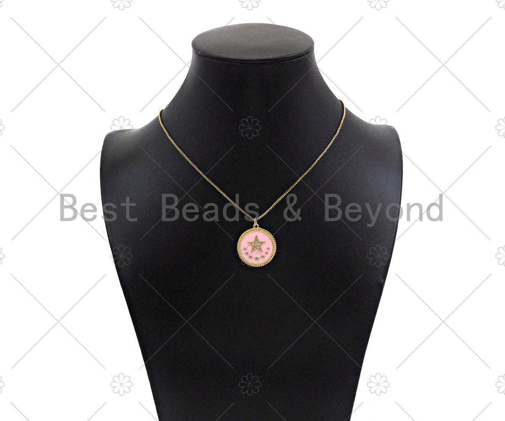 CZ Micro Pave Enamel Pink Five Star On Round Coin Pendant, 18K Gold Pendant, Star Charm, Pink Enamel Charm, 24x22mm,Sku#L565