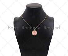 Load image into Gallery viewer, CZ Micro Pave Enamel Pink Five Star On Round Coin Pendant, 18K Gold Pendant, Star Charm, Pink Enamel Charm, 24x22mm,Sku#L565