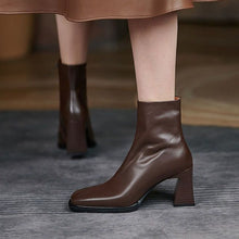 Load image into Gallery viewer, Women's Square Toe Chunky Heel Short Boots | Side Zipper PU Leather Fashion Boots
