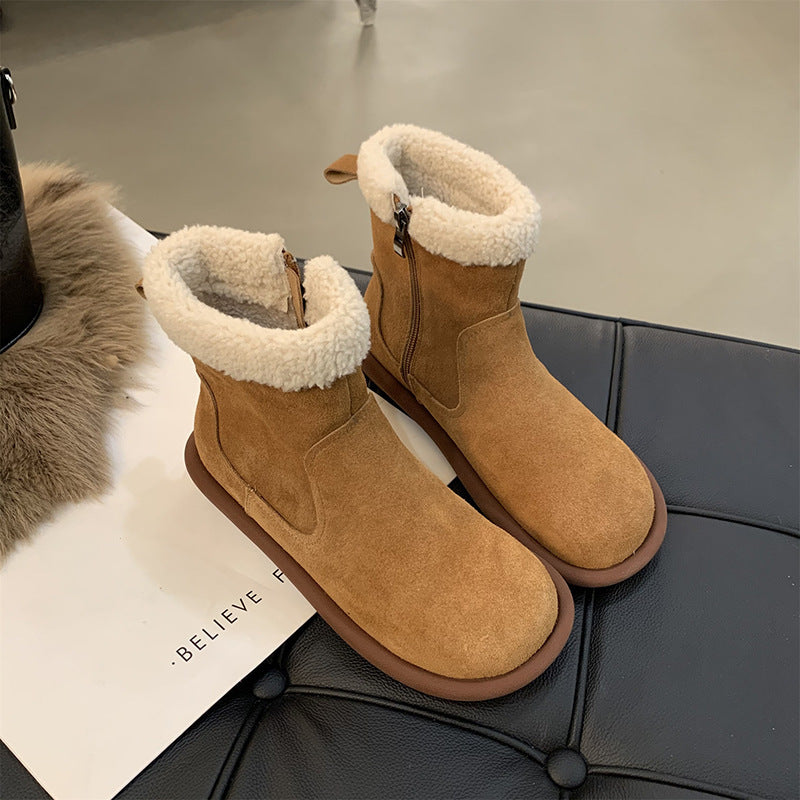Women's Retro Furry Ankle Boots - Comfortable Side Zipper Low Shaft Boots