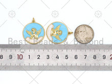 Load image into Gallery viewer, Gold Angle On Sky Blue Enamel Round Coin Shape Pendant, 18K Gold Filled Angel Charm,Necklace Bracelet Charm Pendant, 24x27mm,Sku#L625