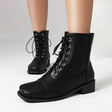 Load image into Gallery viewer, Women's Lace-Up Square-Toe Motorcycle Boots | Low Heel Outdoor Ankle Boots