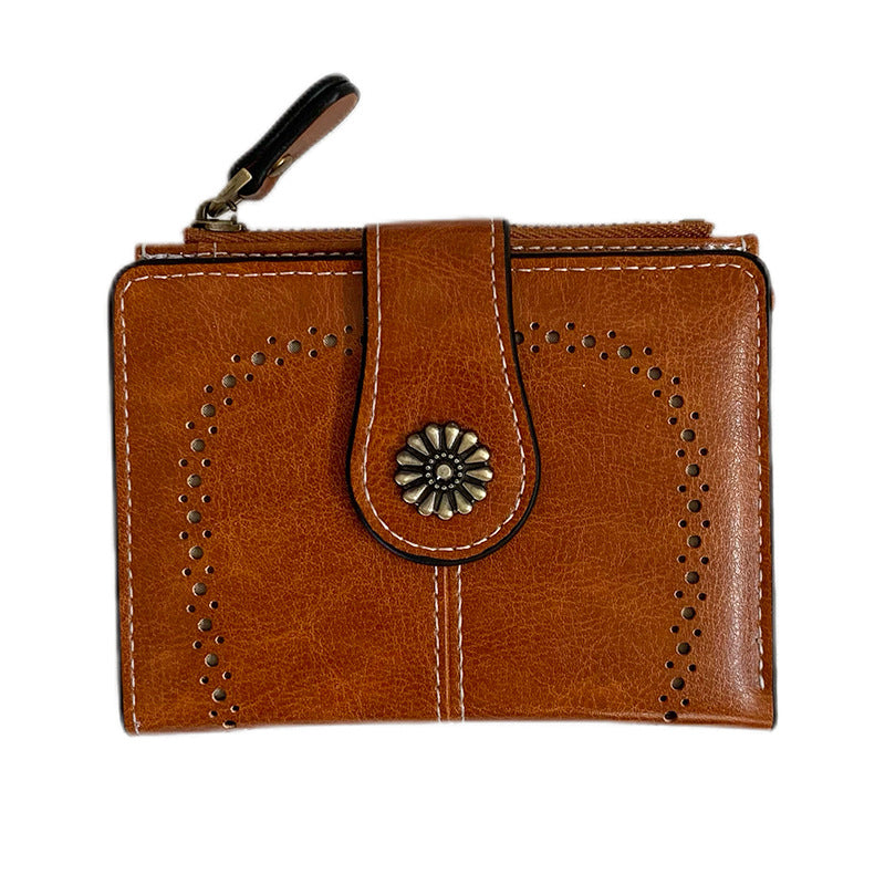 Women's Vintage Oil Leather Wallet - Floral Embossed Short Bifold with RFID Protection
