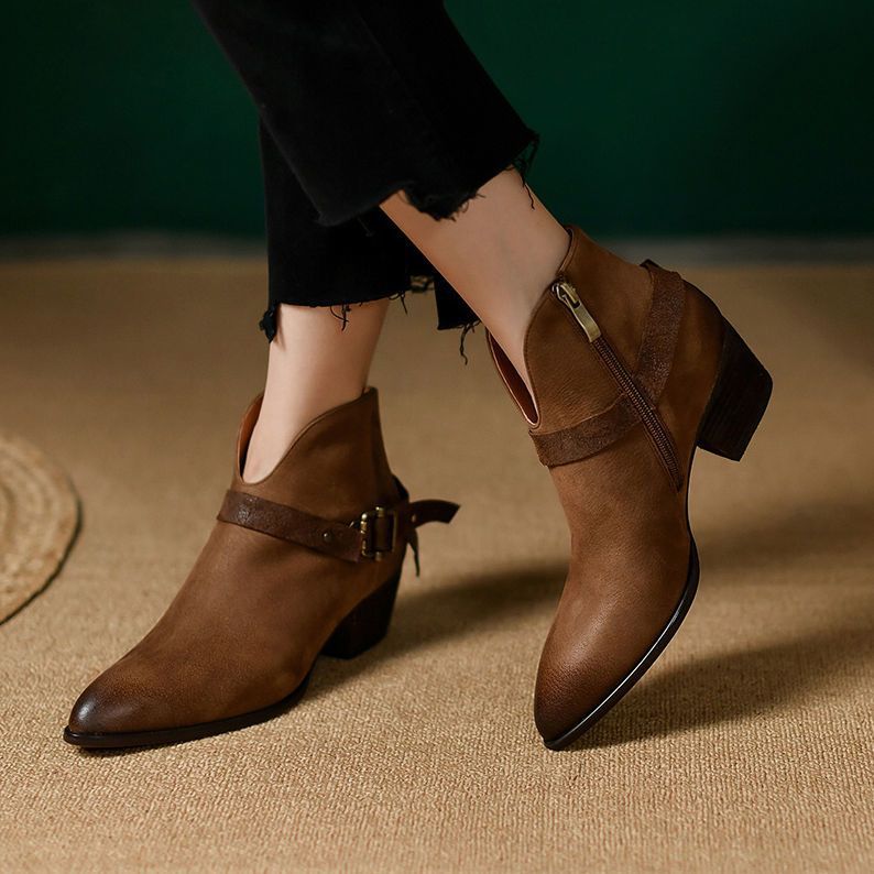 Women's Chunky Heel Slip-On Boots | Pointed Toe Mid-Heel Ankle Boots
