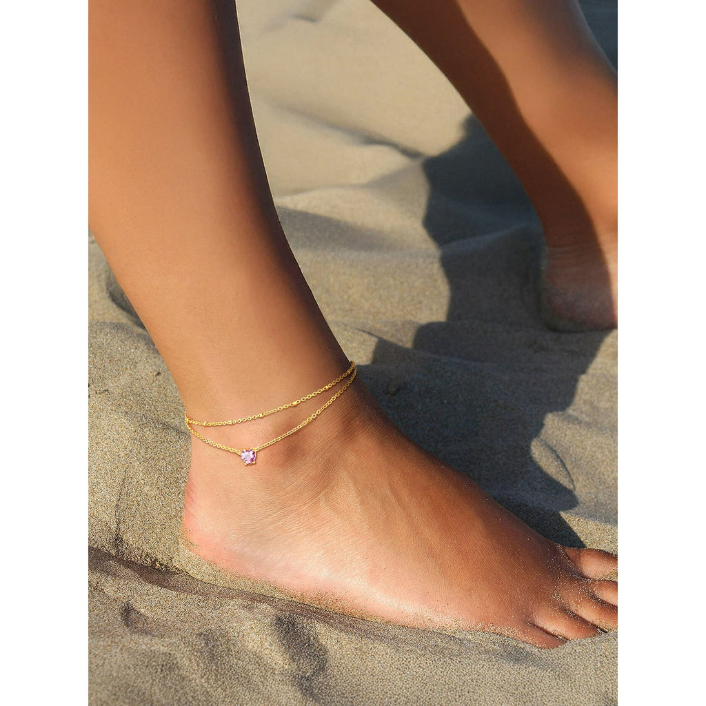 FindChic Anklets for Women Waterproof, Bling Heart Tourmaline Birthstone Ankle Bracelets Gold Plated Stainless Steel Layered Beaded Foot Chain Summer Jewelry for Birthday Mothers Day with Gift Box