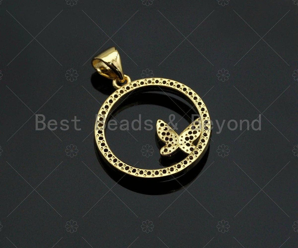 18k Dainty Gold Butterfly On Round Ring Shape Charms, Dainty Charms, Gold Pendant, Round Ring Necklace Charms, 18x20mm, Sku#LK174