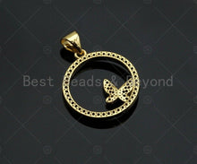 Load image into Gallery viewer, 18k Dainty Gold Butterfly On Round Ring Shape Charms, Dainty Charms, Gold Pendant, Round Ring Necklace Charms, 18x20mm, Sku#LK174