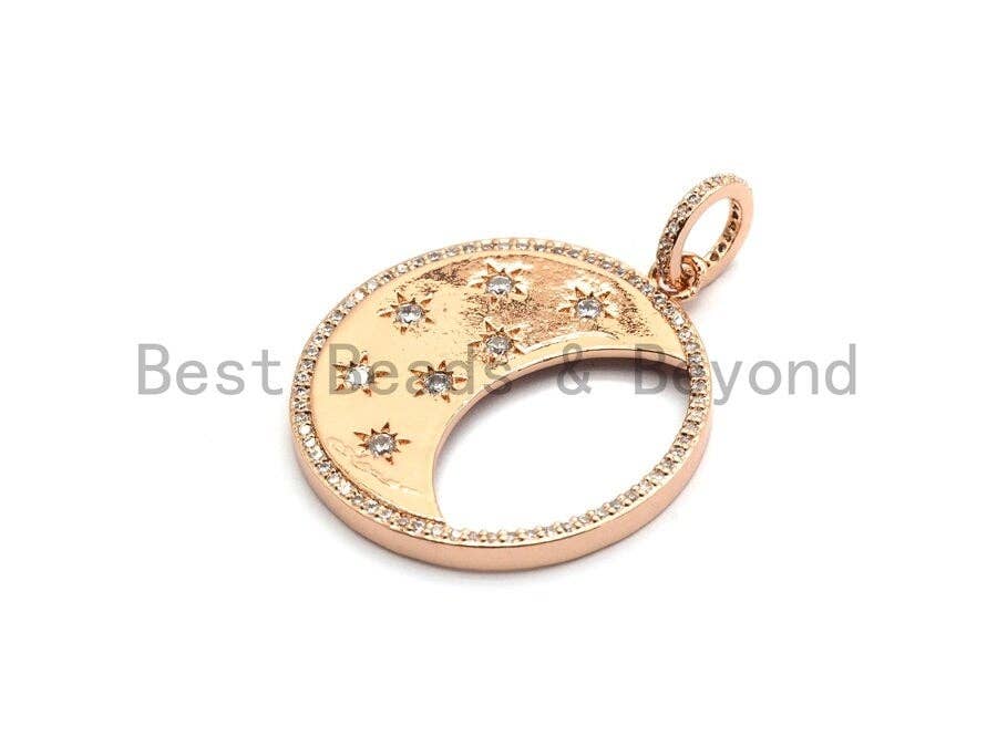 CZ Micro Pave Hollow Round With Moon Star Pendant ,Gold/Silver/Black/Rose Gold ,Cubic Zirconia Jewelry Findings,30x34mm,sku#F700
