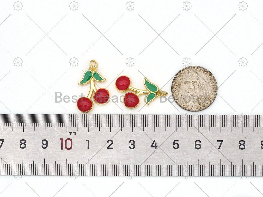 Enamel Red Cherry Shape with Green Leaf Pendant, LK475