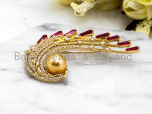 Load image into Gallery viewer, CZ Micro Pave Peacock Brooch Pin with 10mm Round Shell Pearl, Pave Peacock Brooch Jewelry, Gold Fuchsia CZ Pave Pin,  41x59mm, Sku#P27