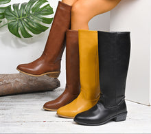 Load image into Gallery viewer, Women's British-Style Knee-High Boots – Chunky Heel Slip-On | Black, Yellow, Brown