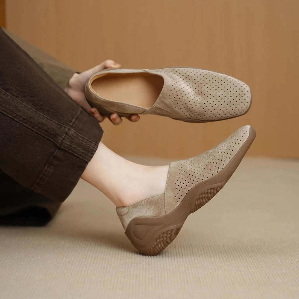 Women's Square Toe Hollowed-out Inner Wedge Heel Shoes | Sheepskin Slip-On Retro Comfort Flats | Sarah Express