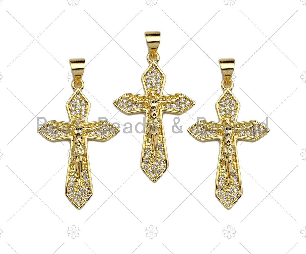 CZ Micro Pave Jesus On Cross Pendant/Charm,Cubic Zirconia Charm, Necklace Bracelet Charm Pendant,19x30mm, Sku#JL15