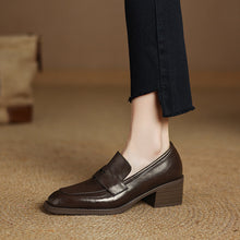Load image into Gallery viewer, Women's Retro Square-Toe Chunky-Heel Slip-On Loafers – Sheepskin Leather