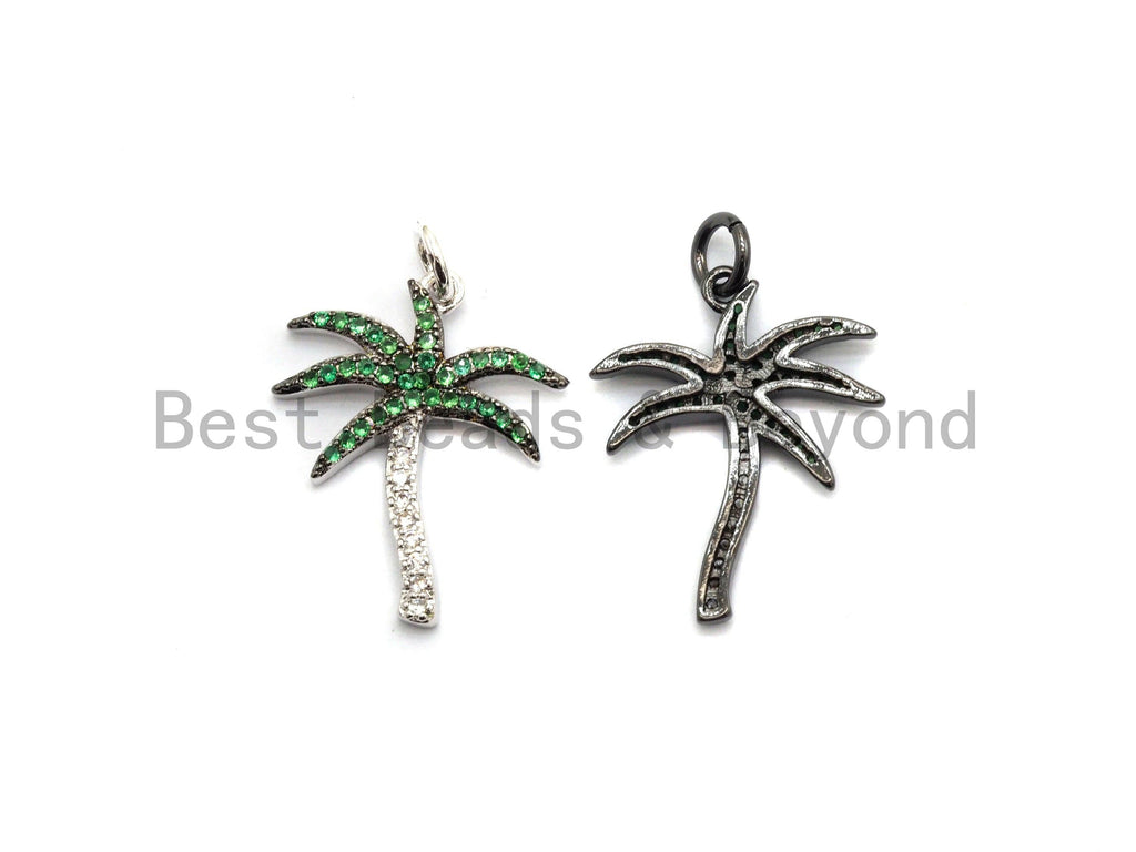 Green CZ Micro Pave Coconut Tree Pendant, Palm Tree Pave Pendant, Gold/Rose Gold/Silver/Gunmetal plated, 17x21mm, Sku#F698C