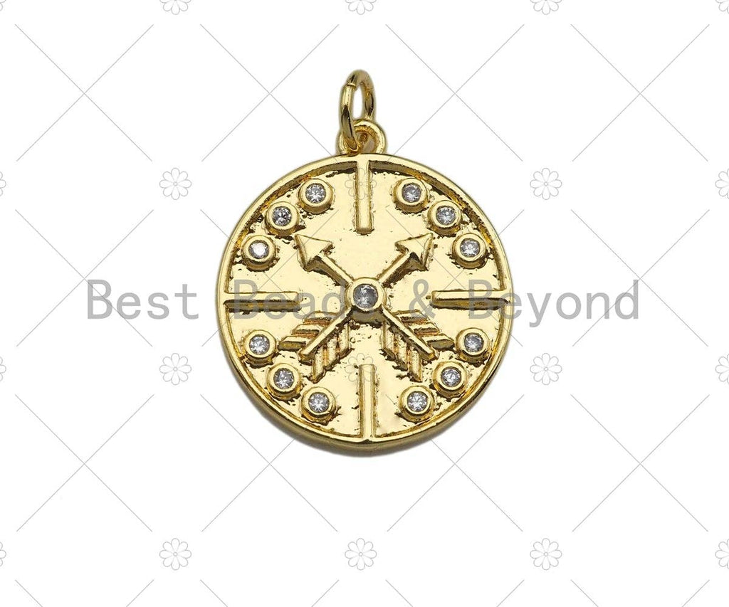 CZ Micro Pave Cross Arrows On Round Coin Pendant/Charm,Cubic Zirconia Charm, Necklace Bracelet Charm Pendant,18x20mm, Sku#L413