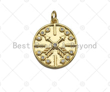 Load image into Gallery viewer, CZ Micro Pave Cross Arrows On Round Coin Pendant/Charm,Cubic Zirconia Charm, Necklace Bracelet Charm Pendant,18x20mm, Sku#L413