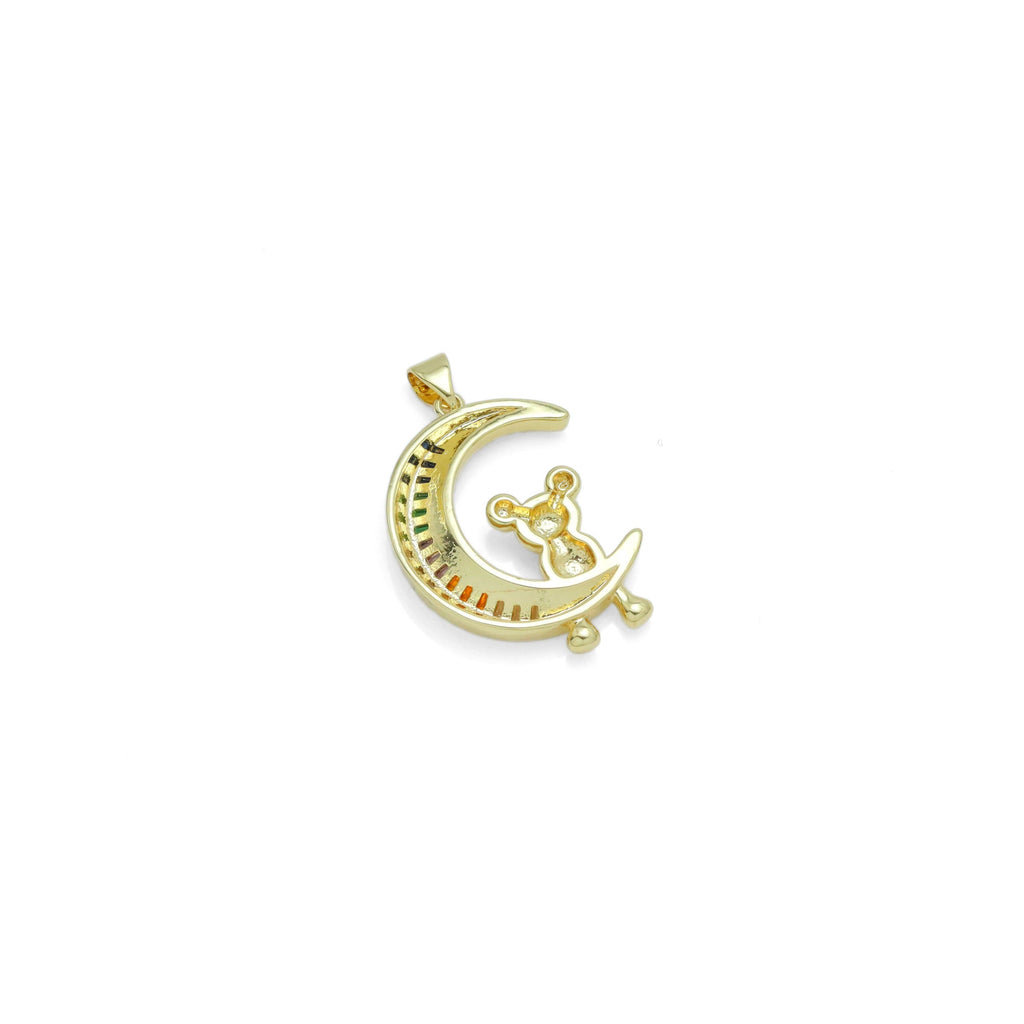 Baguette CZ Teddy Bear On Cresent Moon Pendant, Sku#LX629