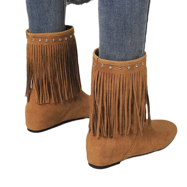Women's Studded Tassel Mid-Calf Boots - Wedge Heel Suede Boots with Metal Accents