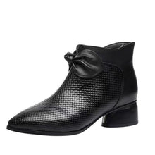 Load image into Gallery viewer, Women's Pointed Toe Chunky Heel Ankle Boots with Side Zipper &amp; Bow Detail